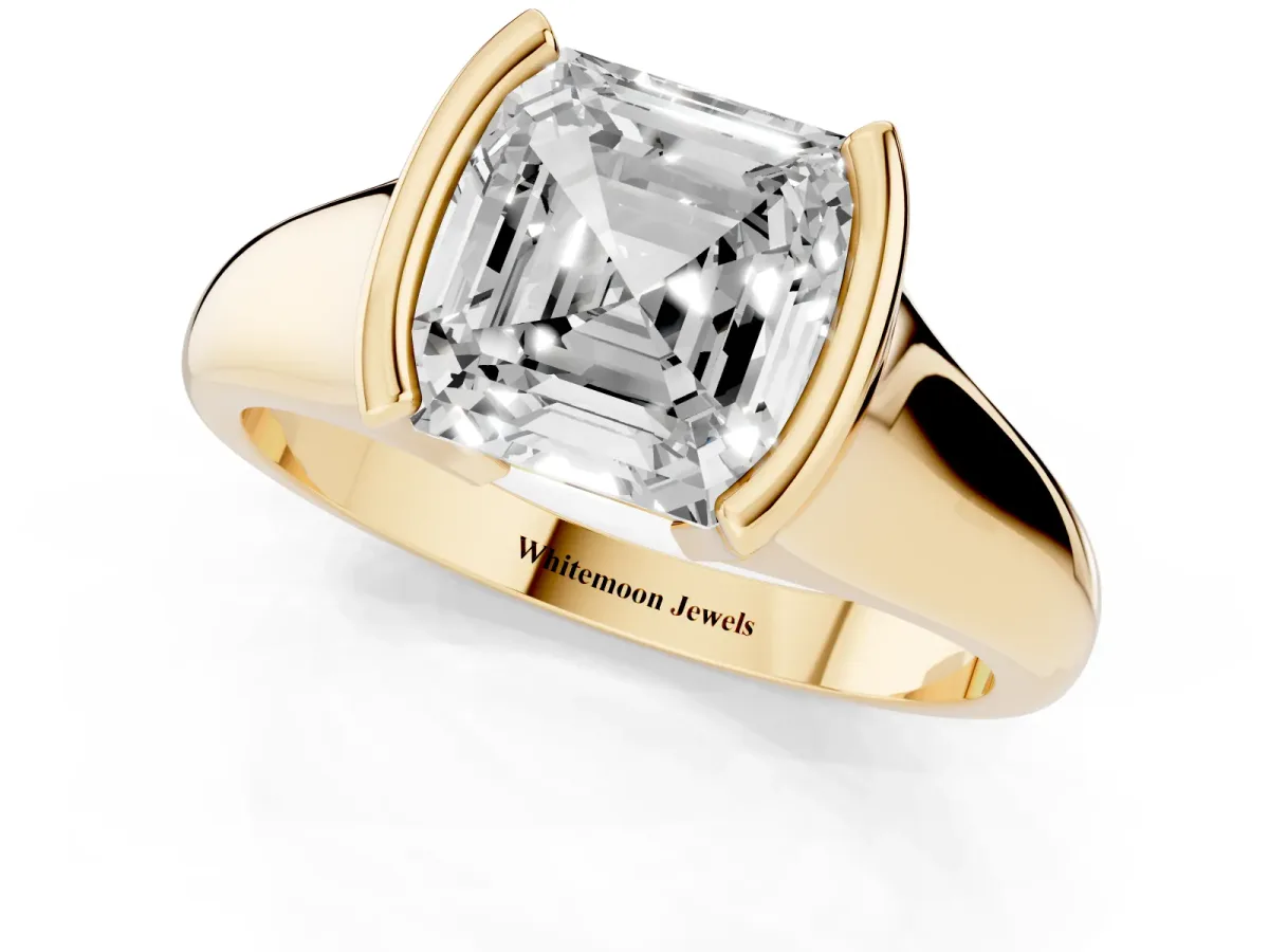 Asscher Cut Solitaire Tension Set Diamond Ring with Split Shank Band Yellow gold