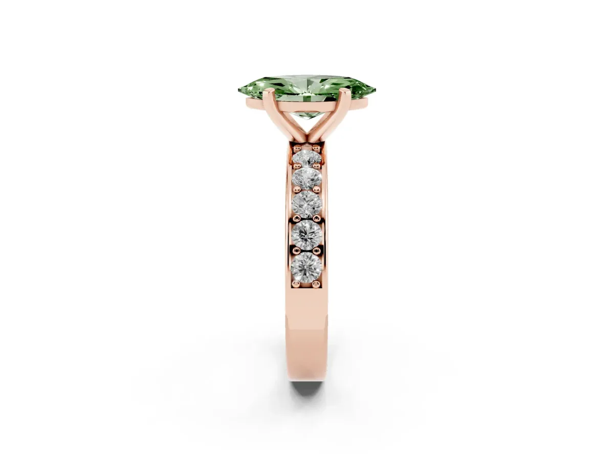 Fancy Green Marquise Cut Diamond Engagement Ring with Channel Set Round Band and Prong Setting Rose gold