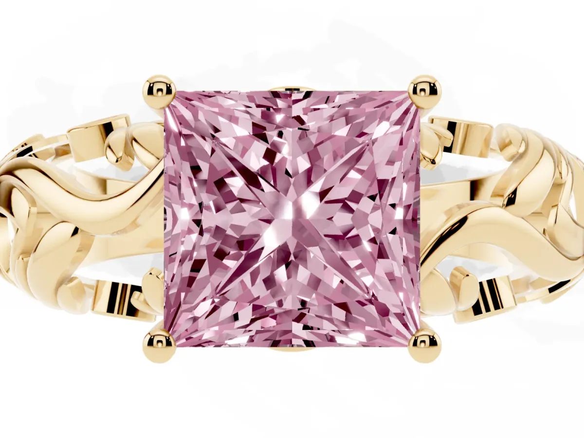 Fancy Pink Princess Cut Solitaire Diamond Leaf-Inspired Vine Band Ring with Prong Setting Yellow gold