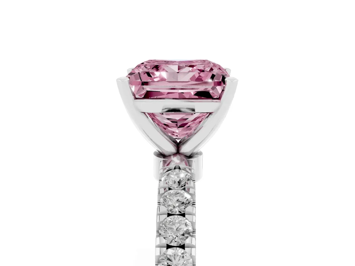 Fancy Pink Princess Cut Diamond Solitaire Ring with Pavé Accents and Four-Prong Setting Silver