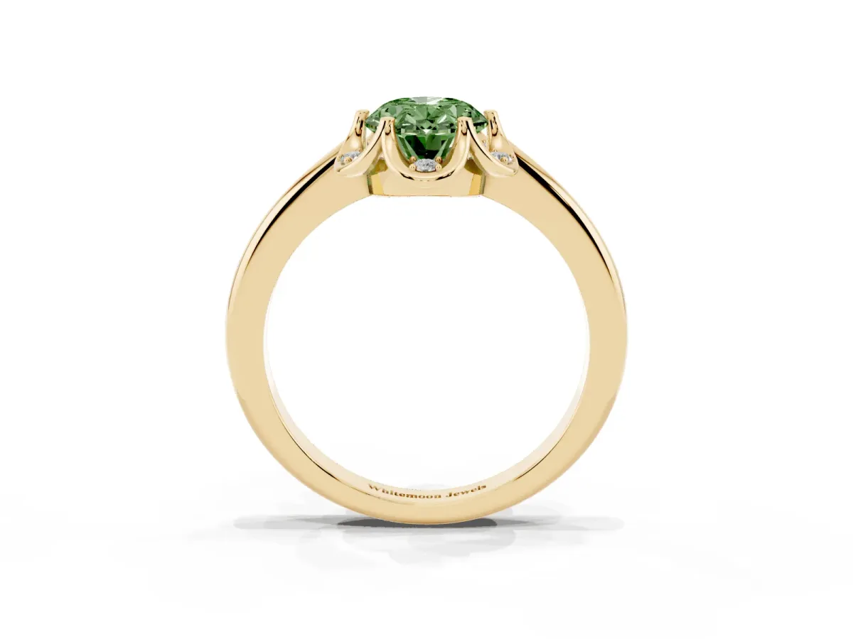 Fancy Green Oval Cut Halo Diamond Ring with Round Cluster Setting, Solitaire Band, and Four-Prong Setting Yellow gold