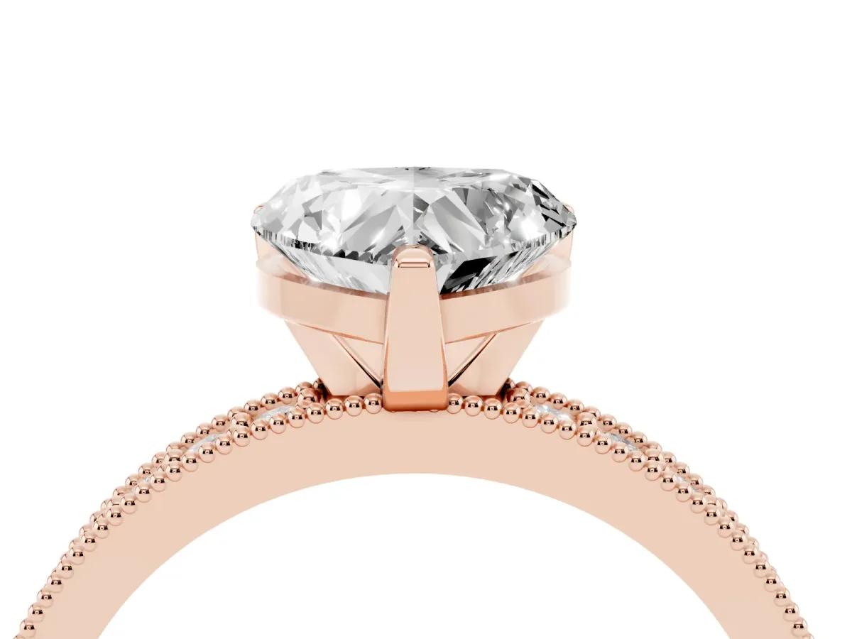 Heart Cut Diamond Milgrain Pavé Engagement Ring with Four-Prong Setting Rose gold
