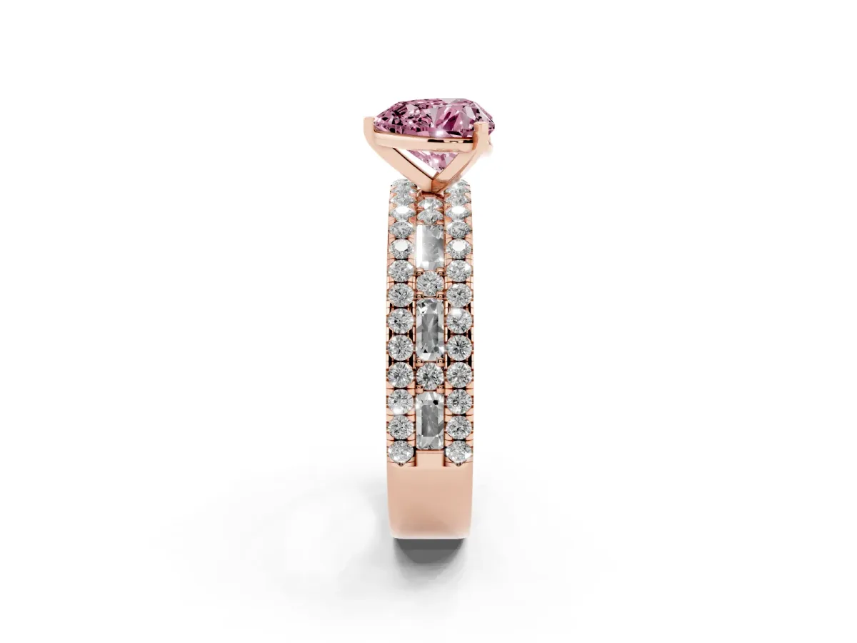 Fancy Pink Heart Cut Diamond Solitaire Ring with Pavé and Channel Set Band Rose gold