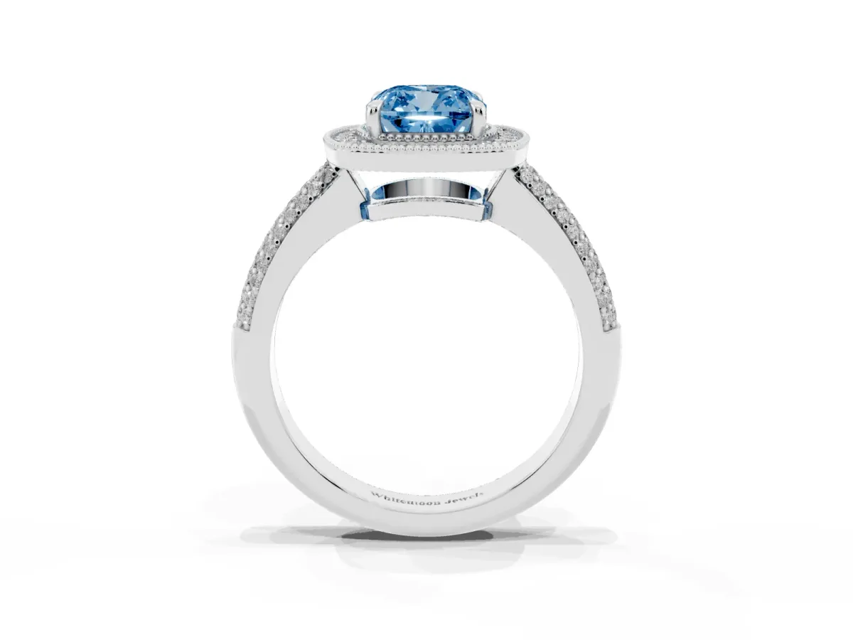 Fancy Blue Cushion Cut Cut Halo Diamond Pave Band with Four-Prong Setting Silver