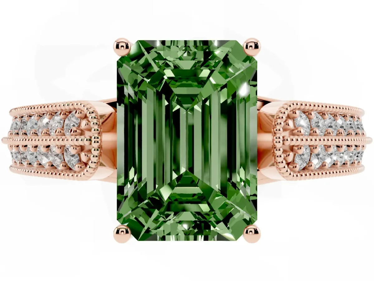 Fancy Green Emerald Cut Cut Pave Split Shank Engagement Ring with Four-Prong Setting Rose gold