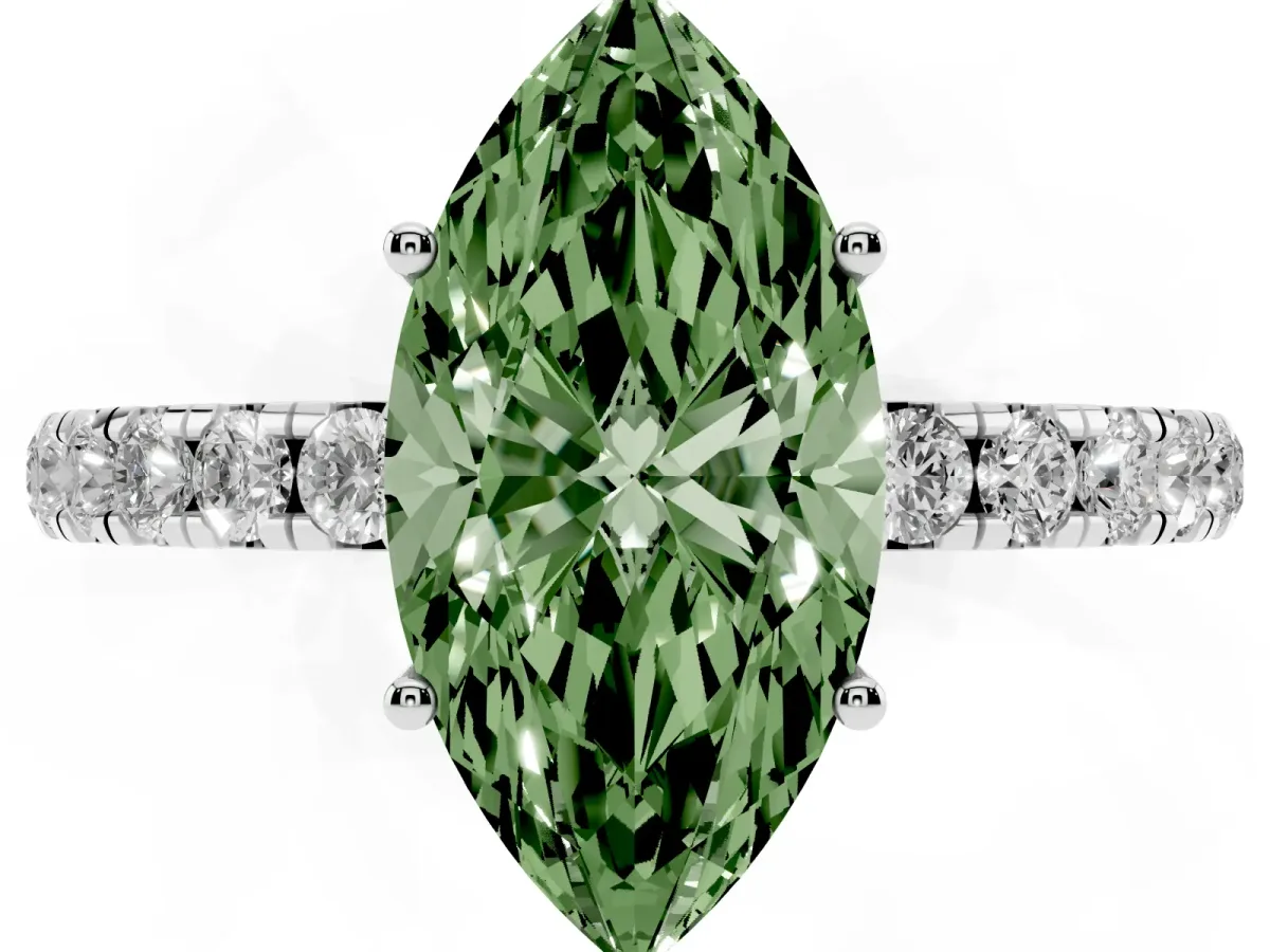 Fancy Green Marquise Cut Diamond Pavé Solitaire Engagement Ring with Four-Prong Setting Silver
