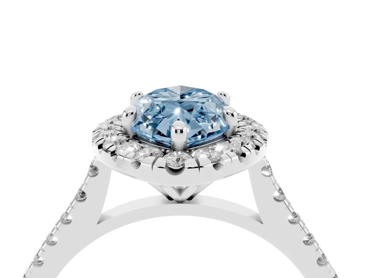 Fancy Blue Marquise Cut Diamond Cushion Halo Ring with Pavé Band Platinum