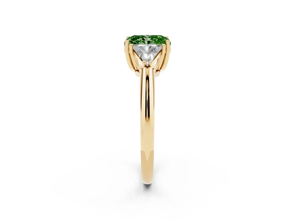 Fancy Green Three-Stone Radiant Cut Diamond Engagement Ring with Trillion Side Stones and Prong Setting Yellow gold