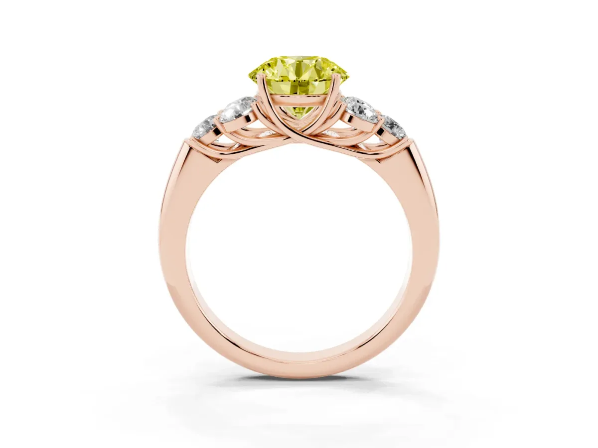 Fancy Yellow Round Cut Cut Diamond Cluster Ring with Round Accent Stones and Prong Setting on a Classic Band Rose gold