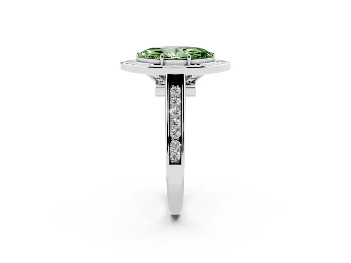 Fancy Green Marquise Cut Halo Solitaire Diamond Ring with Pave Band and Bezel Setting Silver