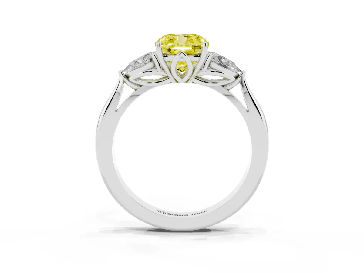 Fancy Yellow Three-Stone Cushion Cut Diamond Ring with Pear Side Stones in Four-Prong Setting Silver