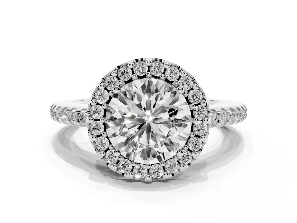 Round Cut Diamond Pavé Halo Ring with Four-Prong Setting Silver