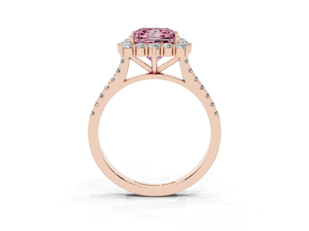 Fancy Pink Princess Cut Halo Diamond Ring with Pavé Band and Prong Setting Rose gold