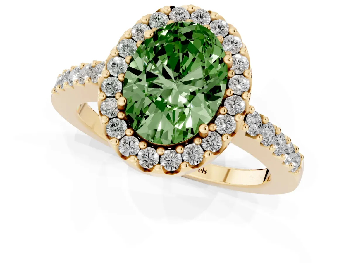 Fancy Green Oval Cut Halo Diamond Pavé Solitaire Ring Yellow gold