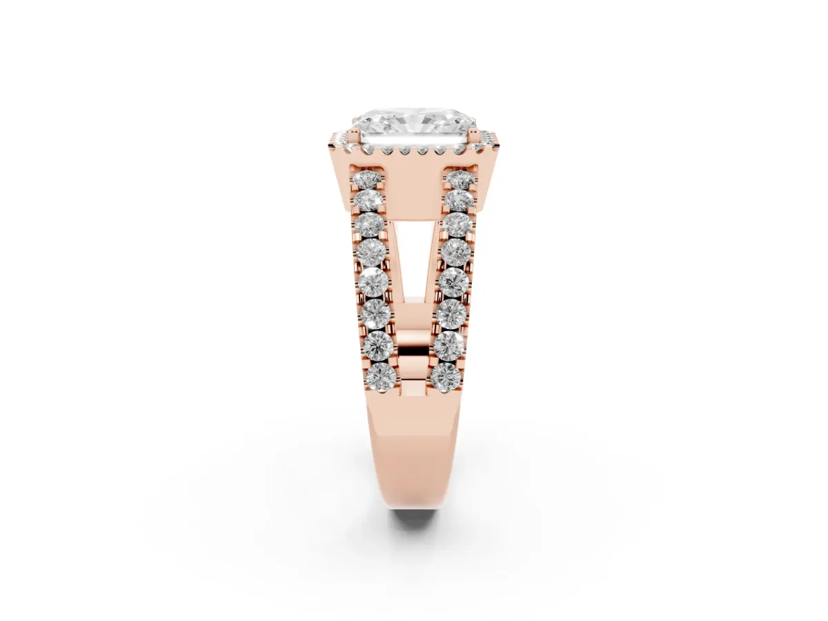 Radiant Cut Cut Halo Split Shank Diamond Ring with Four-Prong Setting Rose gold