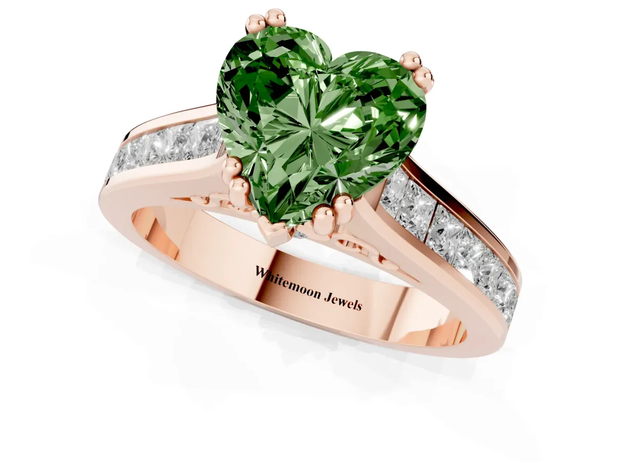 Fancy Green Heart Cut Cut Channel Set Solitaire Engagement Ring with Prong Setting Rose gold