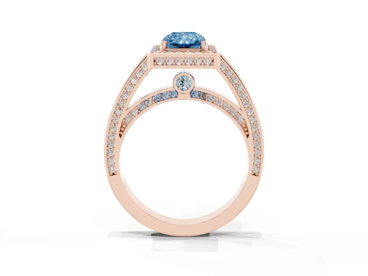 Fancy Blue Radiant Cut Cut Halo Pave Split Shank Prong Setting Ring Rose gold