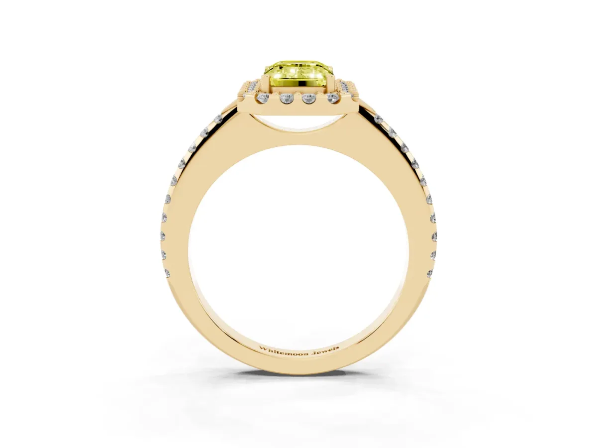 Fancy Yellow Emerald Cut Diamond Pavé Halo Ring with Four-Prong Setting Yellow gold