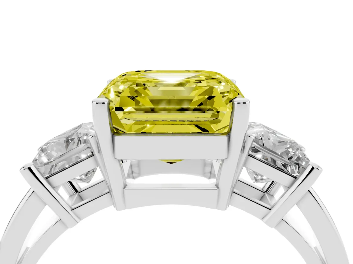 Fancy Yellow Three-Stone Asscher Cut Cut Solitaire Ring with Prong Setting Platinum