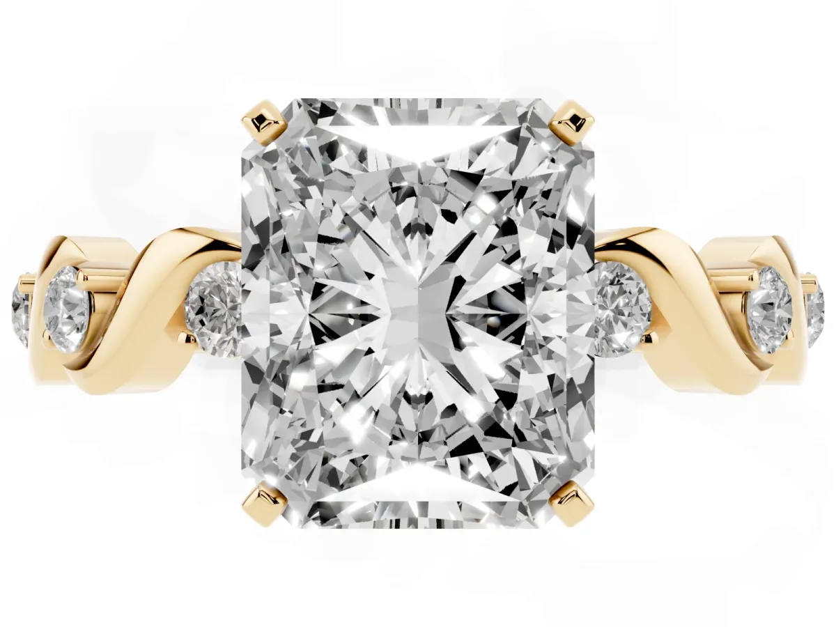 Radiant Cut Diamond Solitaire Twisted Band with Round Accents and Prong Setting Yellow gold