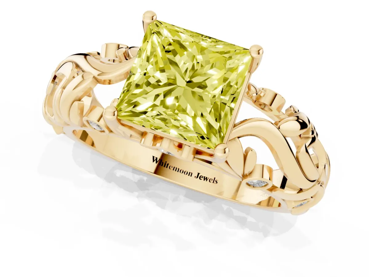 Fancy Yellow Princess Cut Solitaire Diamond Leaf-Inspired Vine Band Ring with Prong Setting Yellow gold