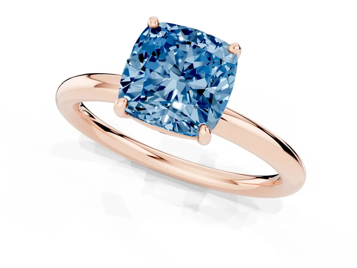 Fancy Blue Cushion Cut Solitaire Diamond Ring with Four-Prong Setting on a Plain Band Rose gold