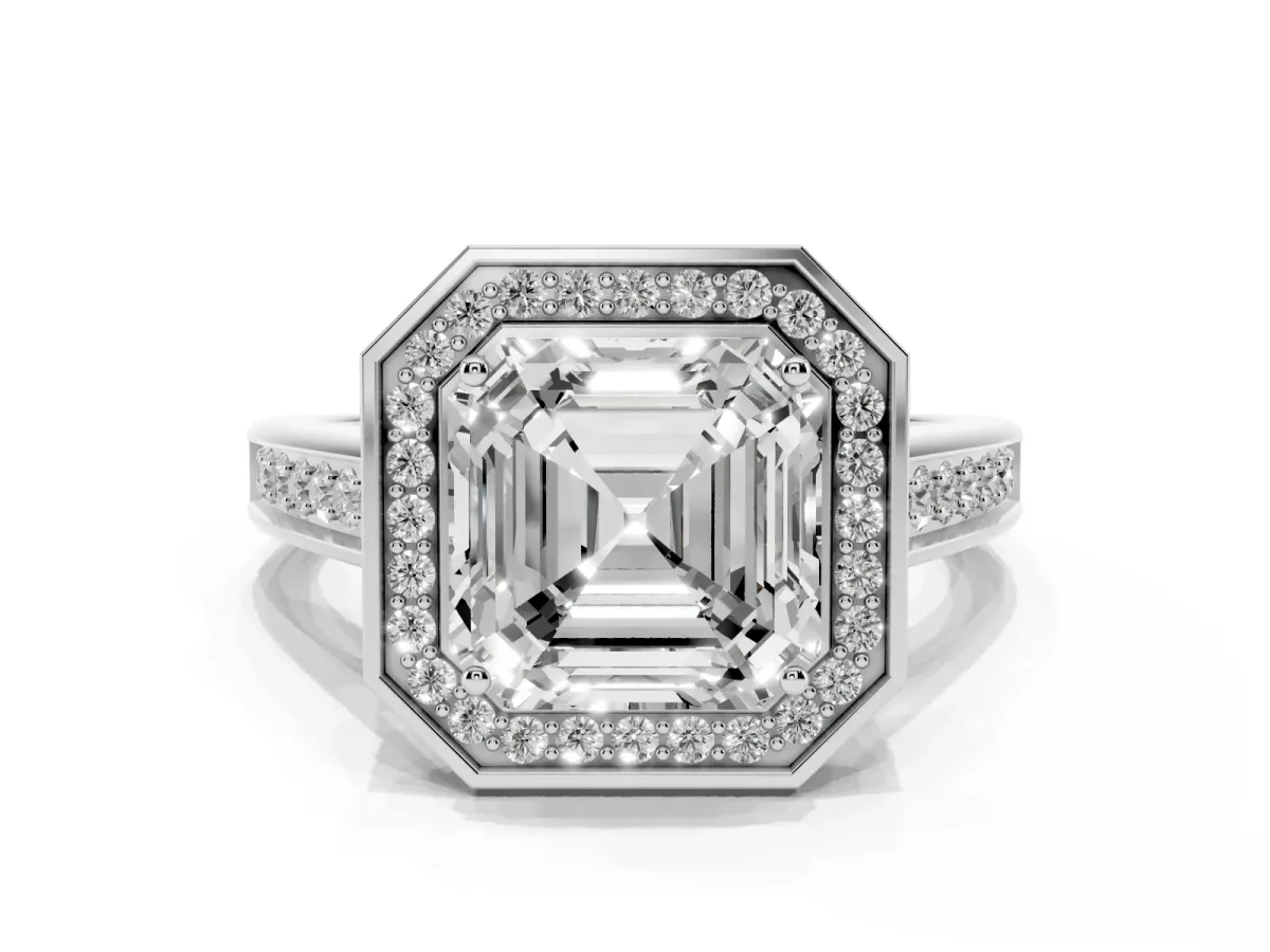Asscher Cut Halo Solitaire Diamond Ring with Pave Band and Bezel Setting Silver