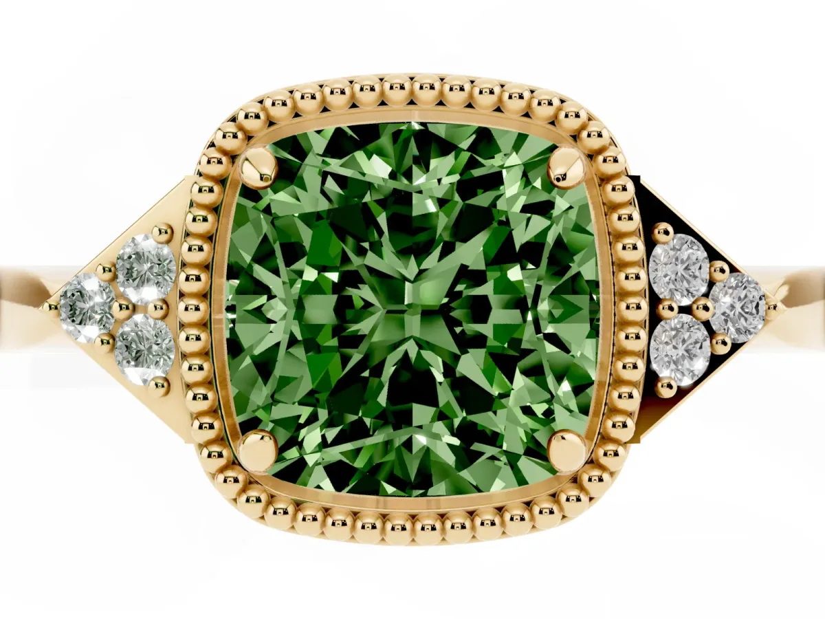 Fancy Green Cushion Cut Diamond Halo Ring with Tapered Band and Four-Prong Setting Yellow gold