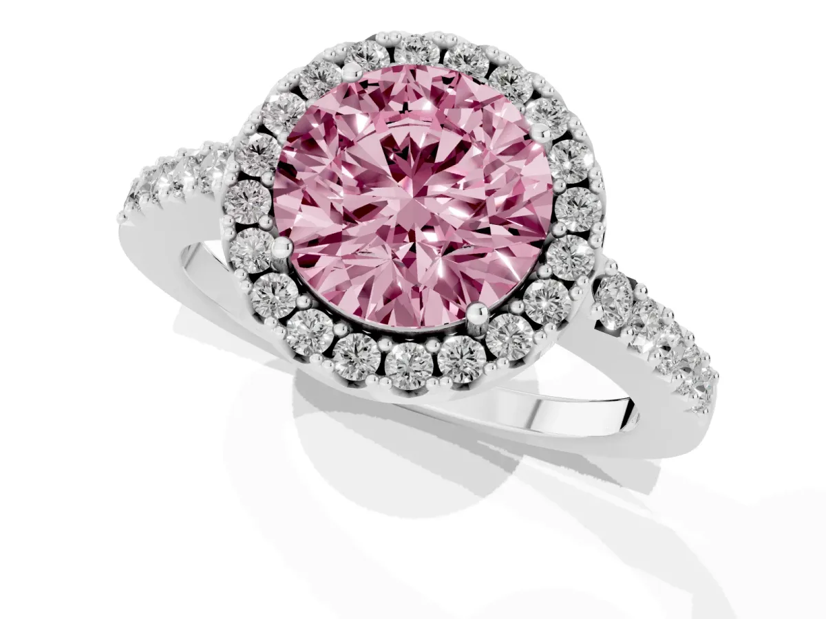 Fancy Pink Round Cut Halo Diamond Pavé Solitaire Ring Silver