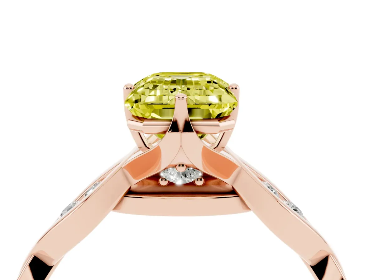Fancy Yellow Emerald Cut Solitaire Twist Band with Leaf Prong Setting Rose gold