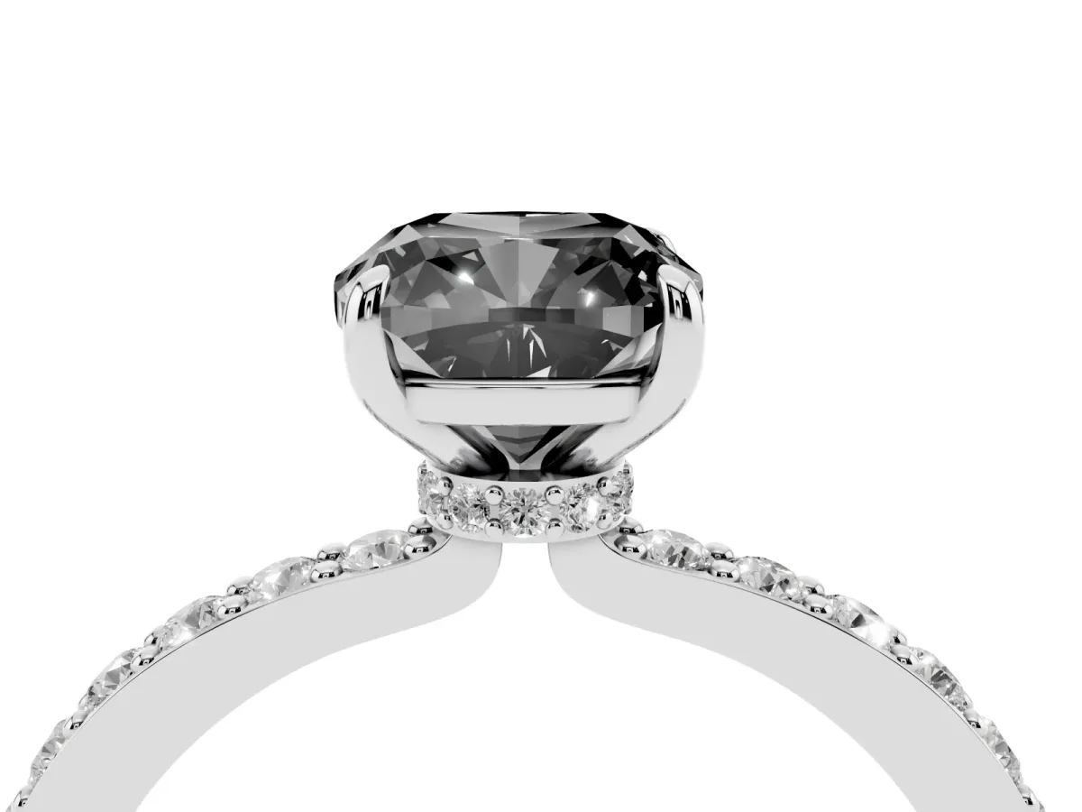 Fancy Black Cushion Cut Diamond Pavé Engagement Ring with Round Accents and Prong Setting Silver