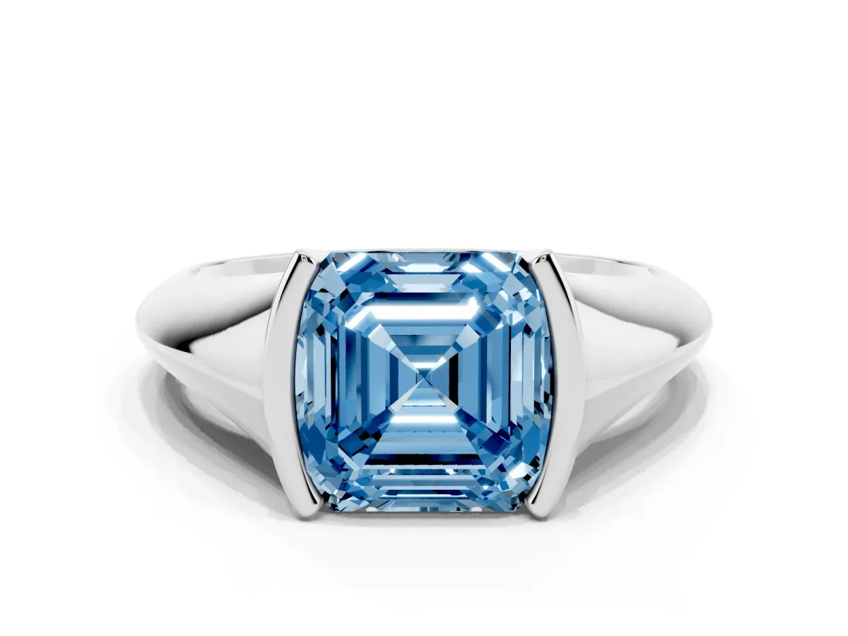 Fancy Blue Asscher Cut Solitaire Tension Set Diamond Ring White gold