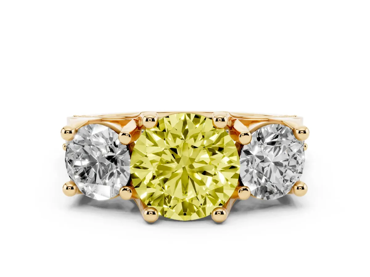 Fancy Yellow Round Cut Diamond Three-Stone Ring with Channel Set Band and Four-Prong Setting Yellow gold