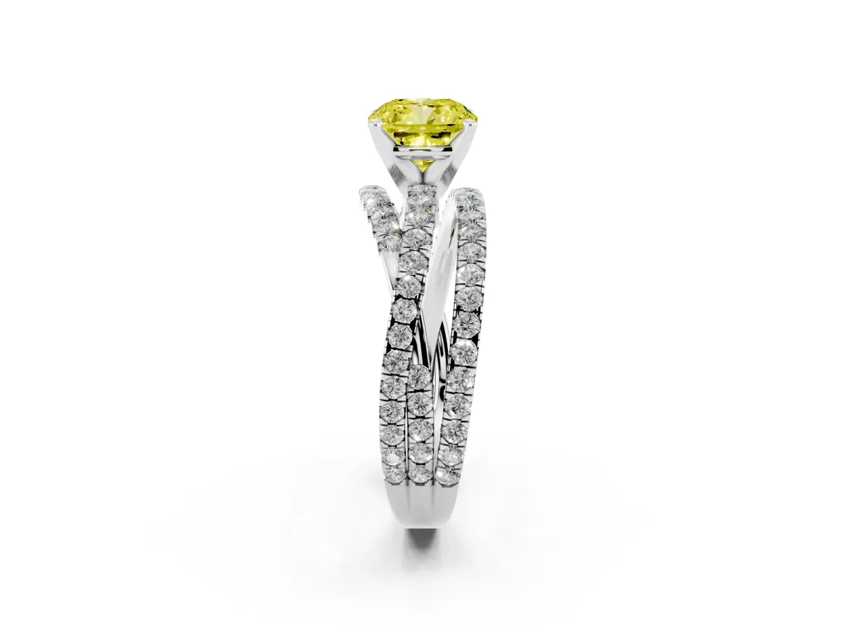 Fancy Yellow Cushion Cut Solitaire Twist Band with Pavé Setting and Four-Prong Setting Silver