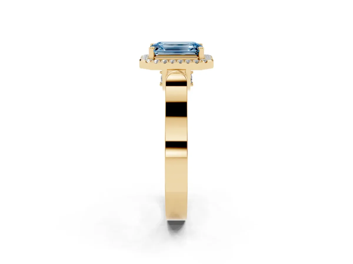 Fancy Blue Emerald Cut Halo Round Diamond Twist Band with Four-Prong Setting Yellow gold