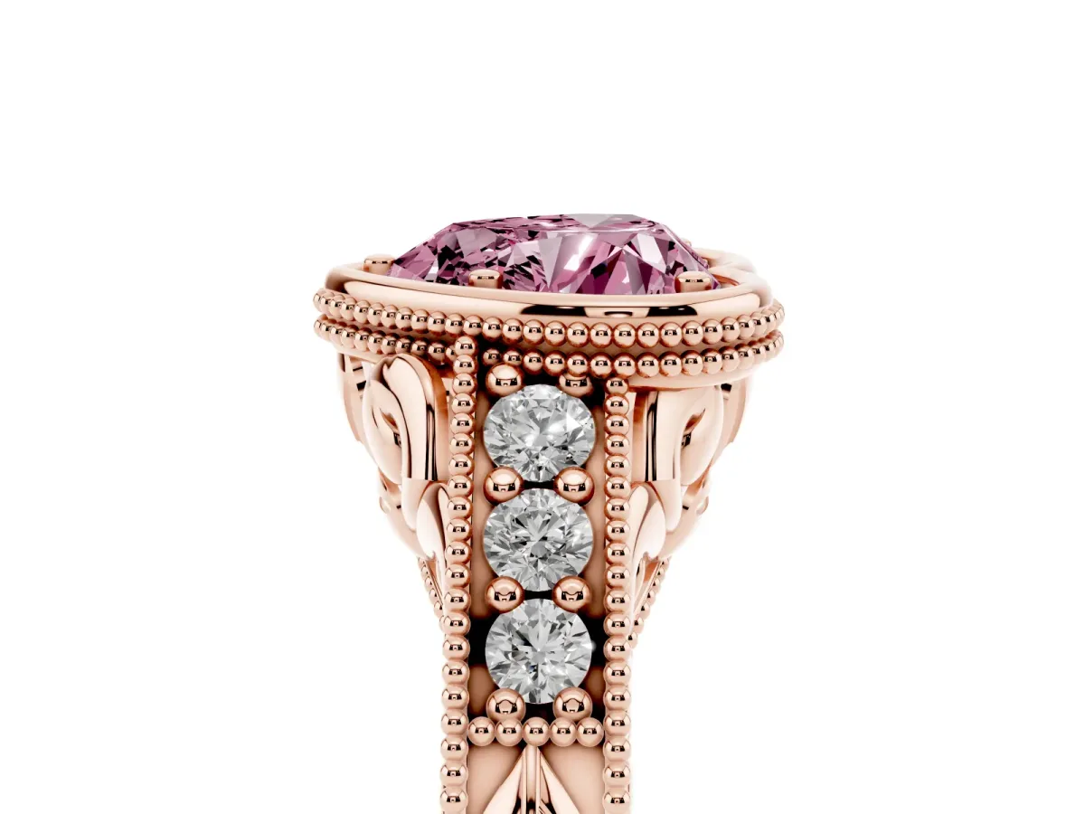 Fancy Pink Bezel Set Heart Cut Diamond Milgrain Pave Engagement Ring Rose gold