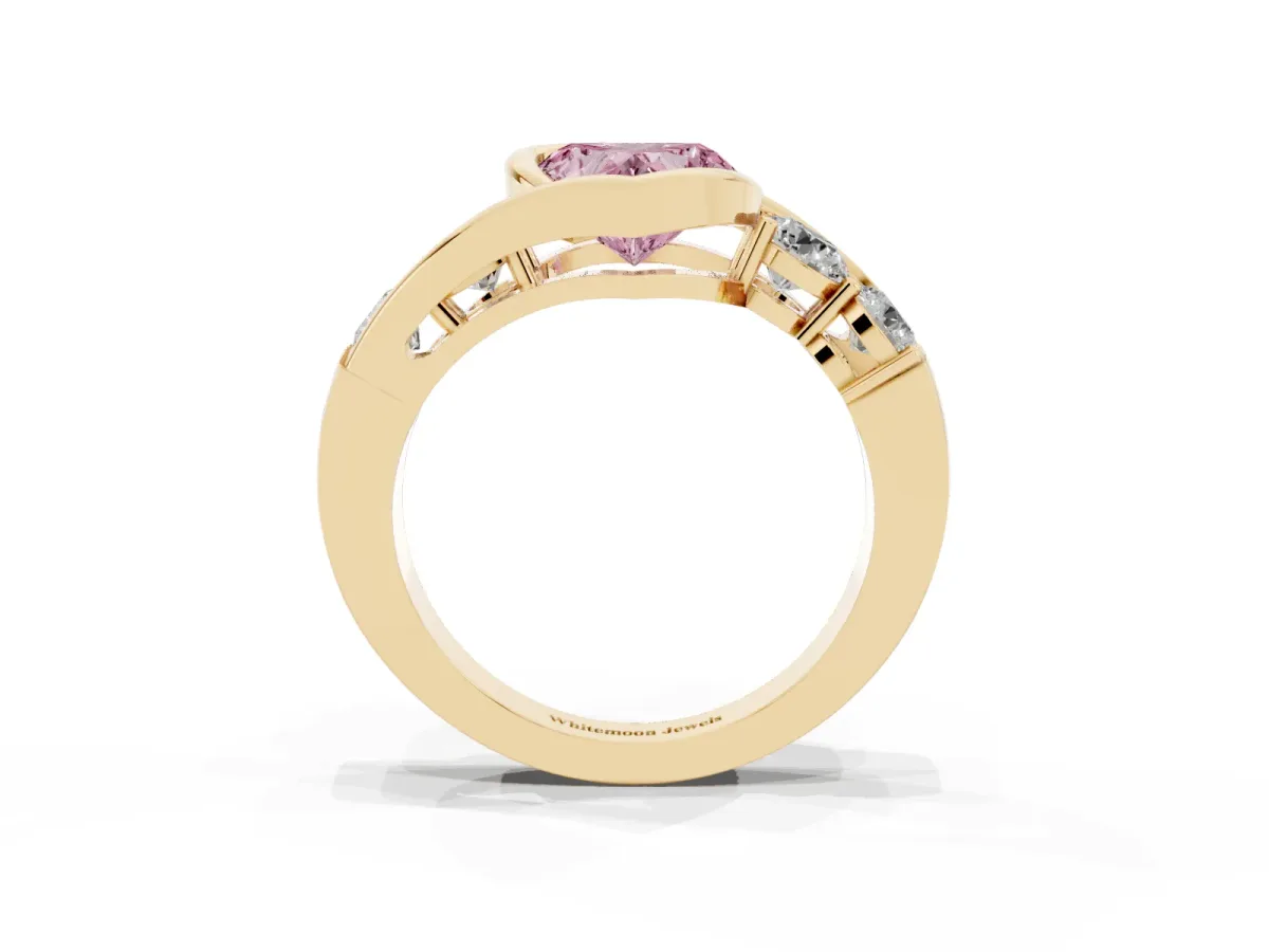 Fancy Pink Bezel Set Heart Cut Diamond Bypass Ring with Round Accents Yellow gold