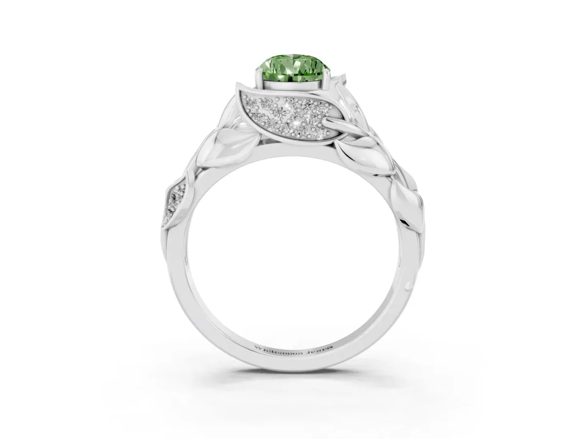 Fancy Green Pear Cut Diamond Leaf-Inspired Engagement Ring with Round Accents and Prong Setting Silver