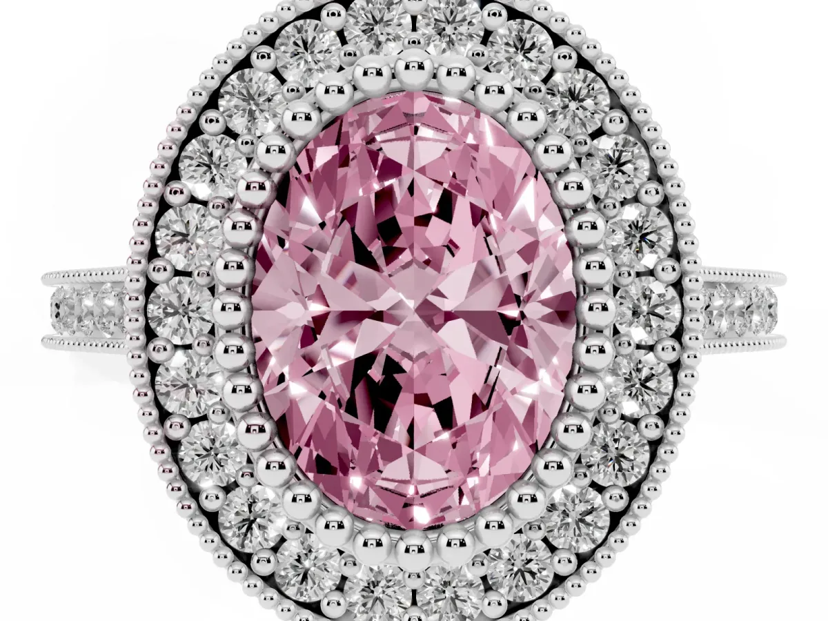 Fancy Pink Oval Cut Diamond Halo Ring with Milgrain Frame and Pavé Band Silver
