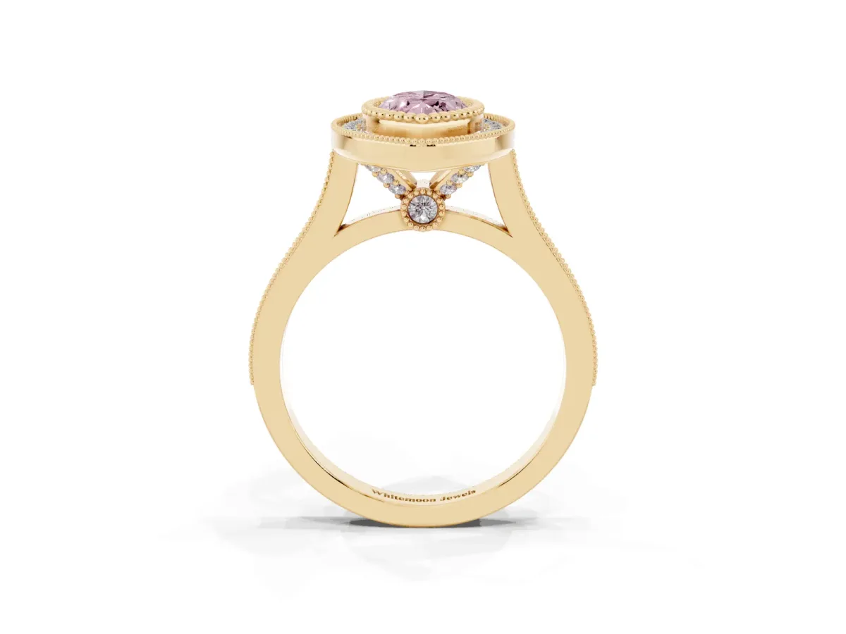 Fancy Pink Marquise Cut Diamond Halo Ring with Milgrain Frame and Pavé Band Yellow gold
