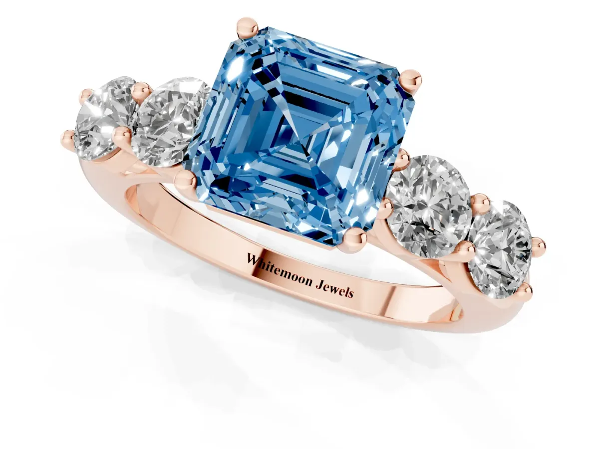 Fancy Blue Asscher Cut Cut Five-Stone Prong Set Diamond Ring with Classic Band Rose gold
