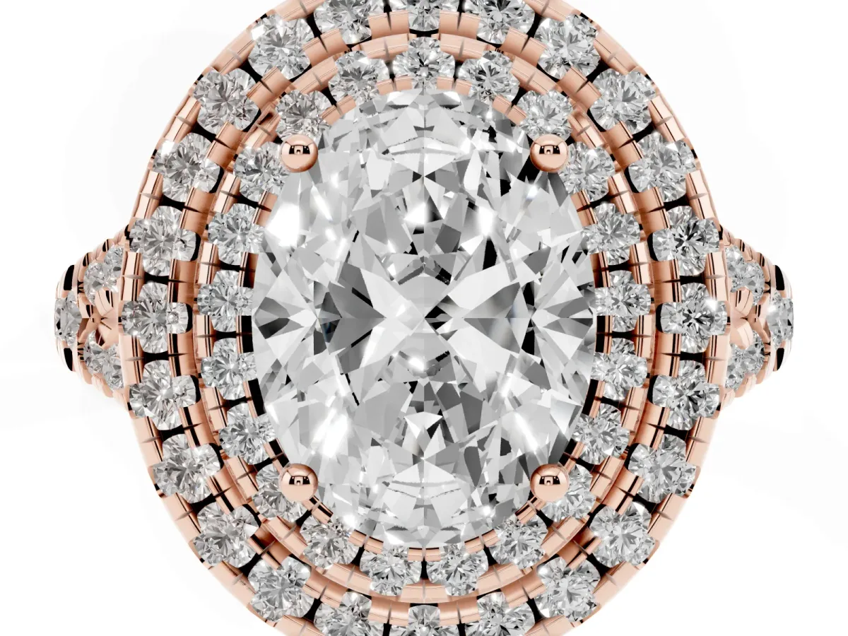 Double Halo Oval Cut Diamond Pavé Split Shank Ring with Prong Setting Rose gold