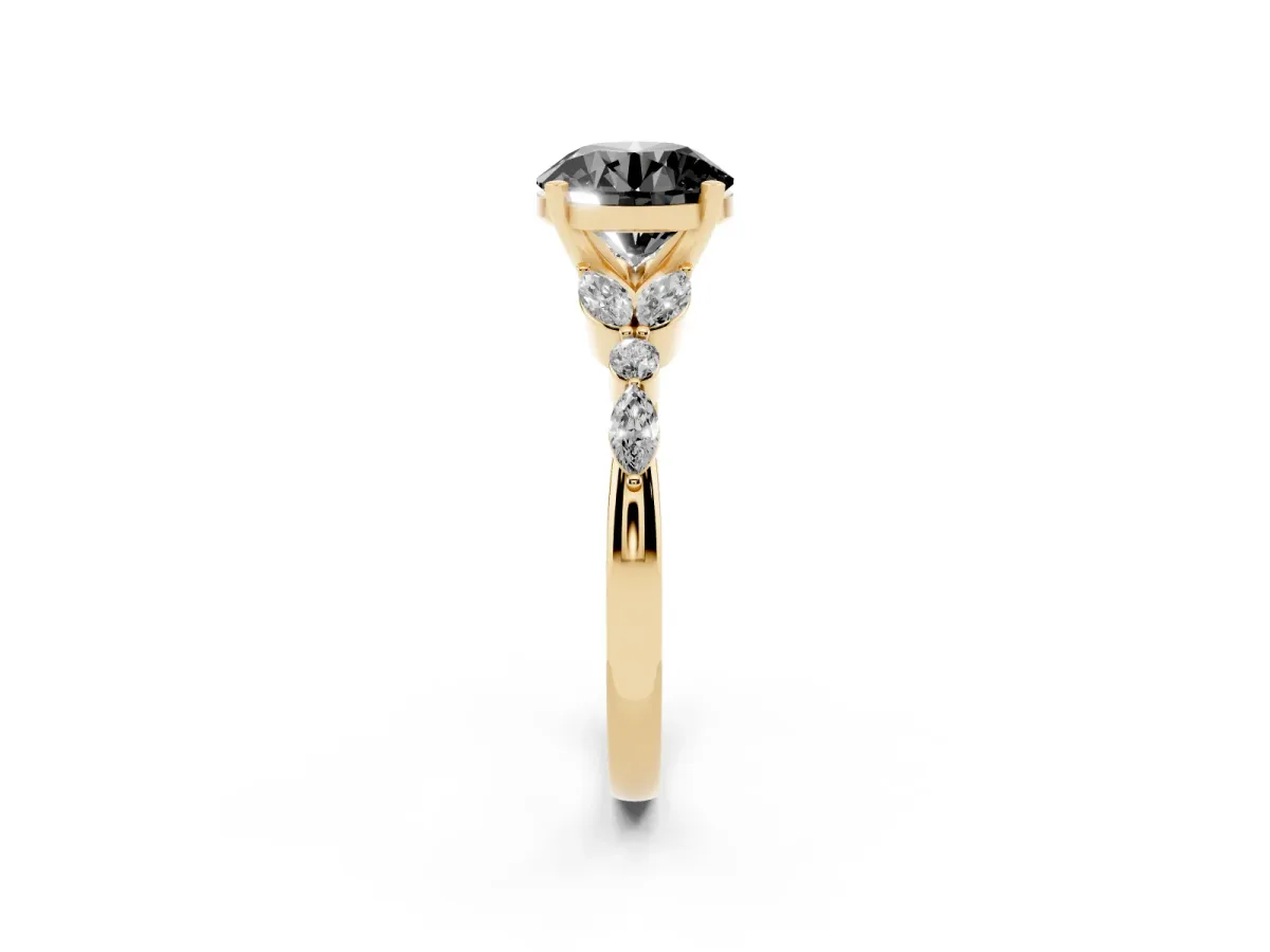 Fancy Black Round Cut Diamond Solitaire Ring with Side Stones and Four-Prong Setting Yellow gold