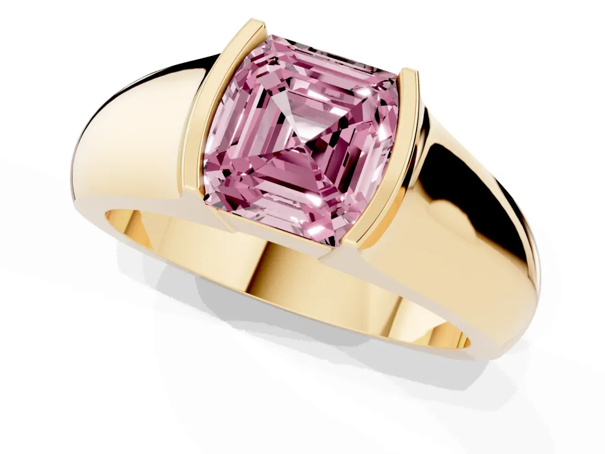 Fancy Pink Asscher Cut Solitaire Bezel Set Diamond Ring with Wide Band Yellow gold