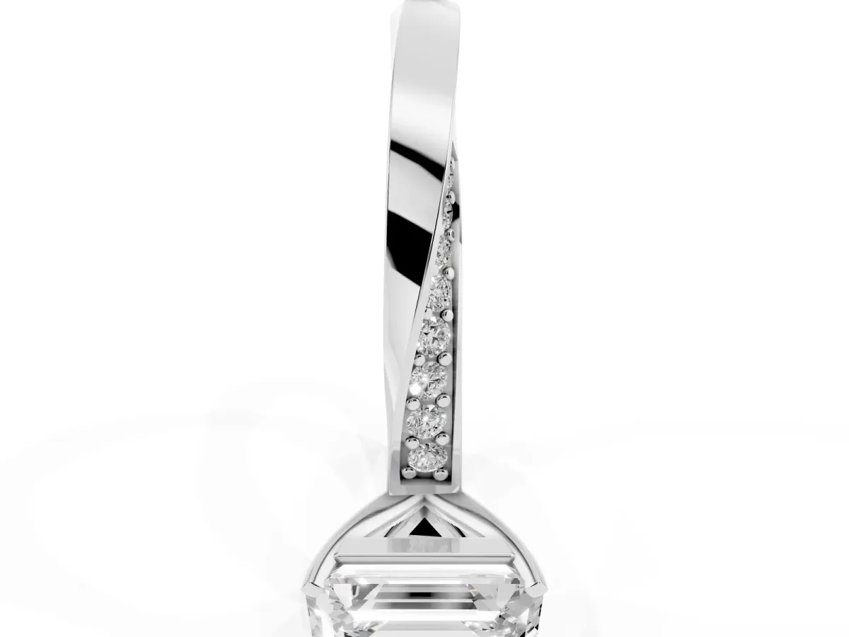 Emerald Cut Diamond Engagement Ring with Side Stone Accents and Four-Prong Setting Silver