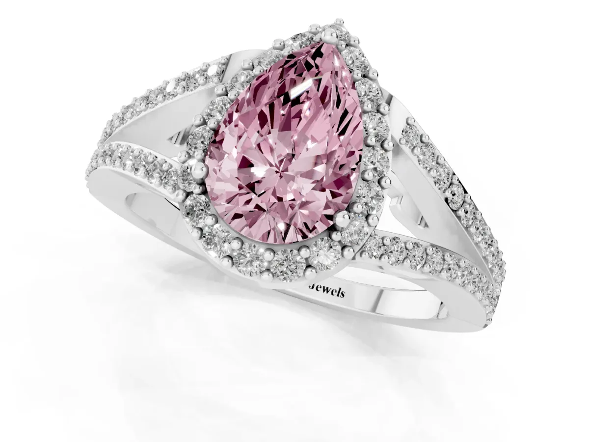 Fancy Pink Pear Cut Halo Split Shank Diamond Ring with Prong Setting Silver