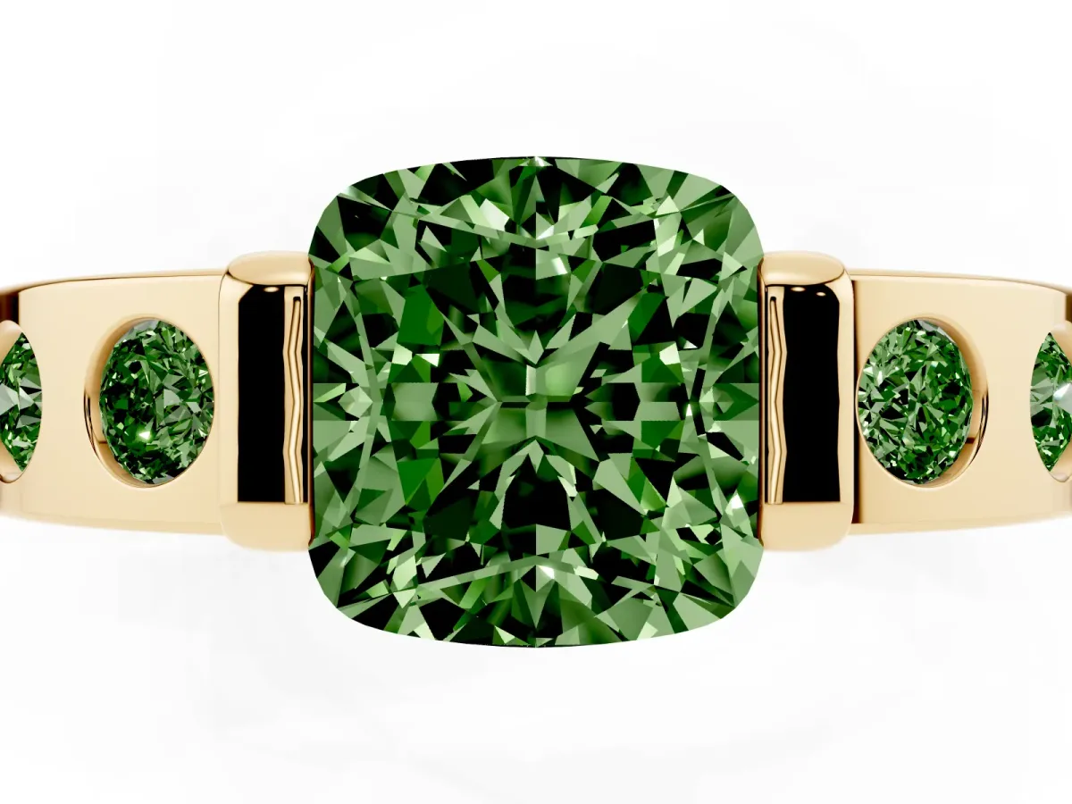 Fancy Green Cushion Cut Brilliant Channel-Set Diamond Ring with Bezel Prong Setting Yellow gold