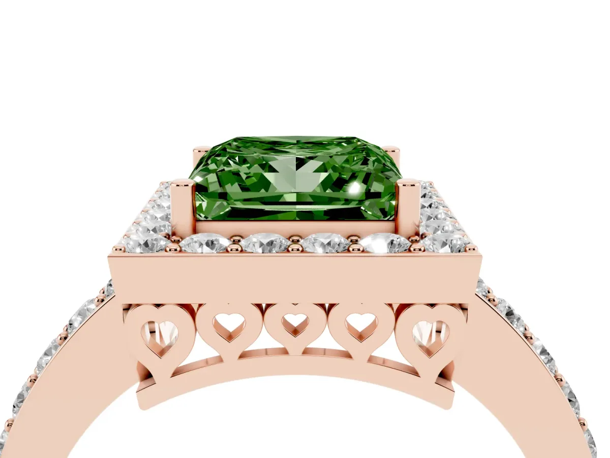 Fancy Green Princess Cut Halo Diamond Pavé Band Ring with Prong Setting Rose gold