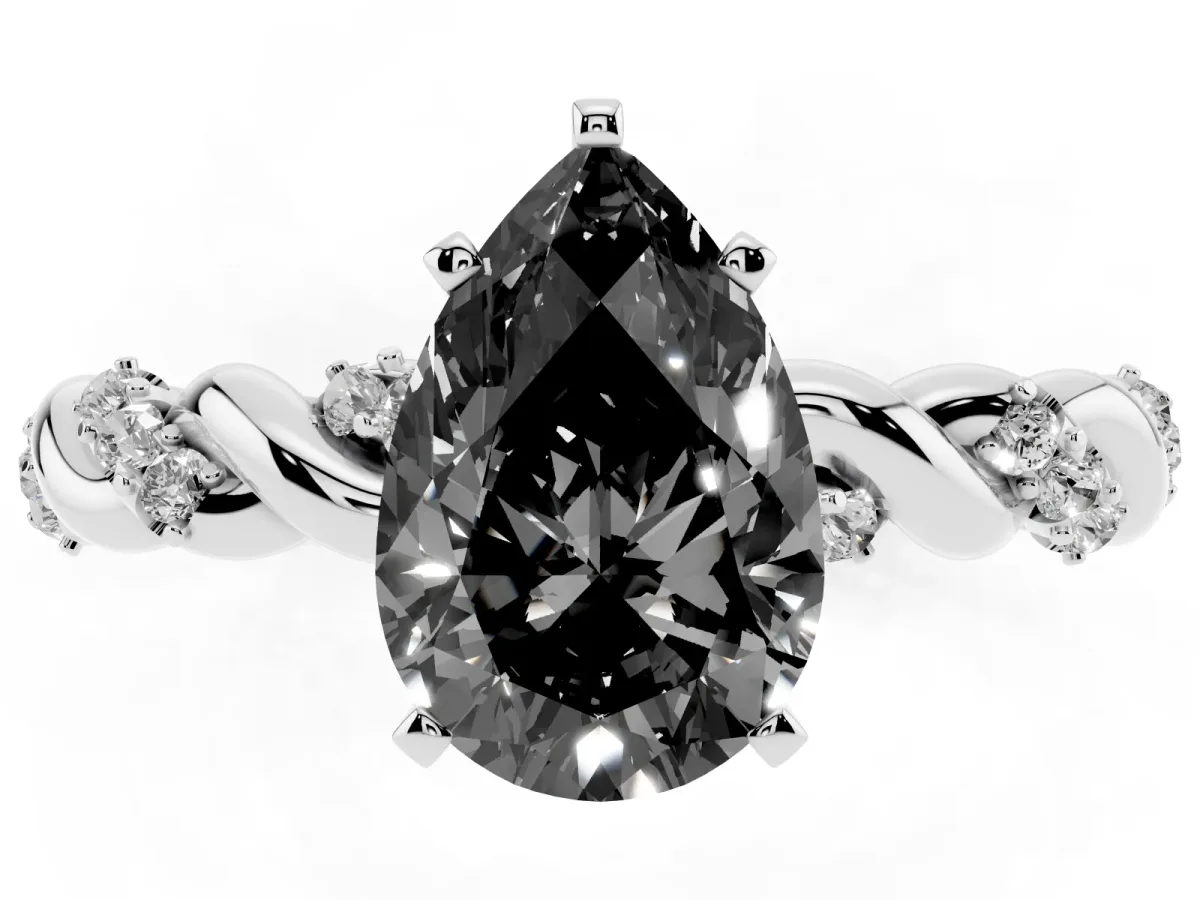 Fancy Black Pear Cut Diamond Solitaire Ring with Twisted Band and Pavé Accents Silver