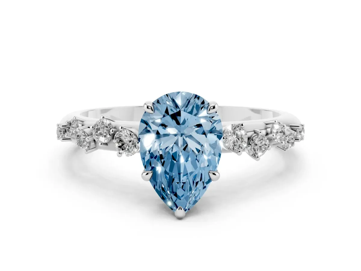 Fancy Blue Pear Cut Diamond Cluster Prong-Set Solitaire Ring Silver